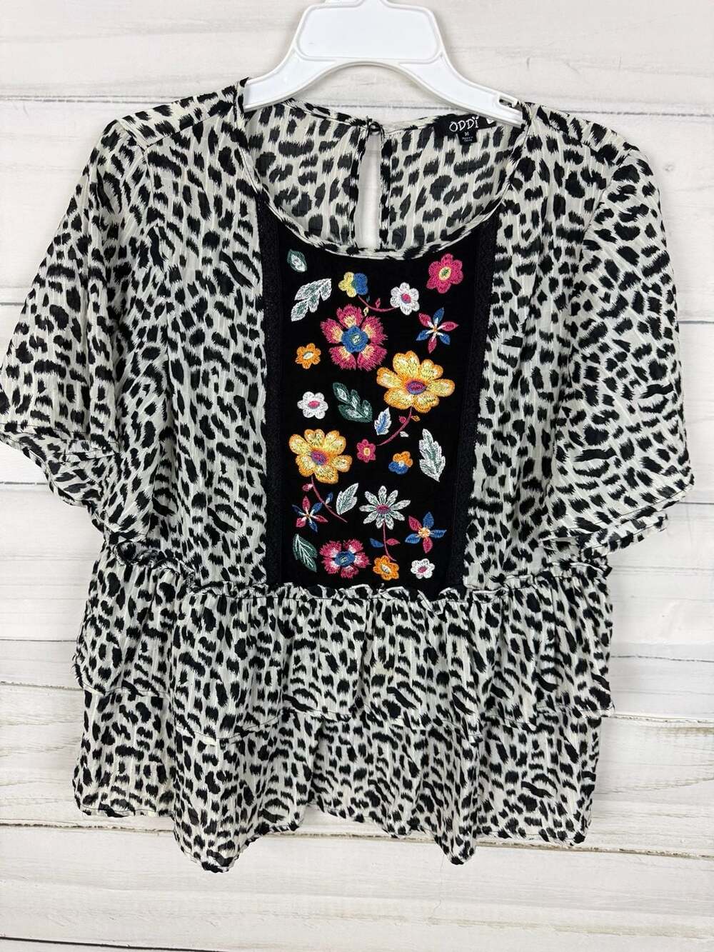 Oddi Women's Size M Animal Print Floral Embroidered Tiered Blouse